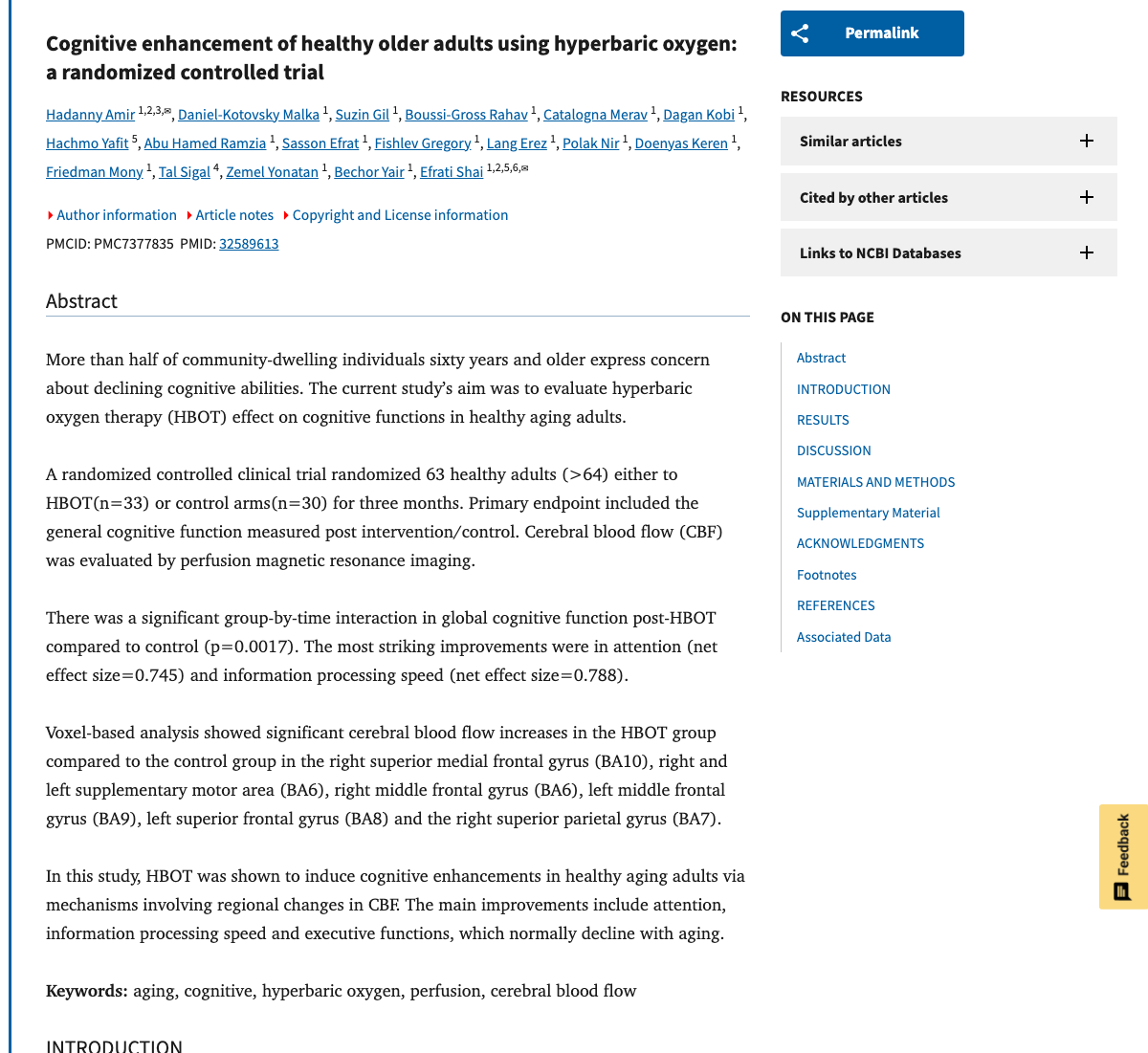 Title and abstract of Cognitive enhancement of healthy older adults using hyperbaric oxygen - a randomized controlled trial