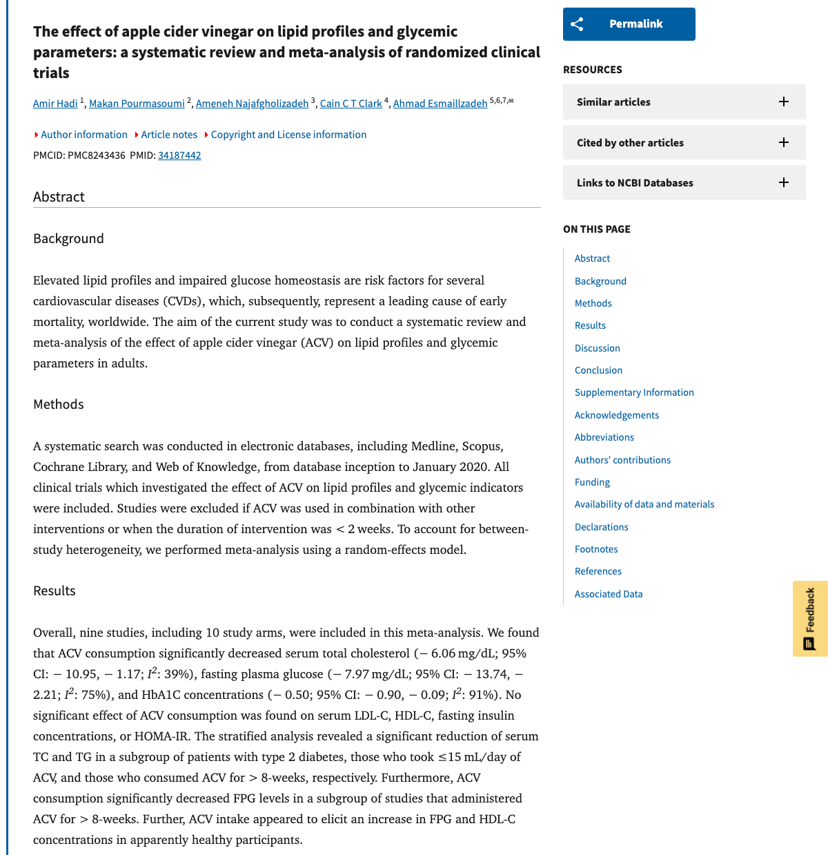Title and abstract of The effect of apple cider vinegar on lipid profiles and glycemic parameters: a systematic review and meta-analysis of randomized clinical trials