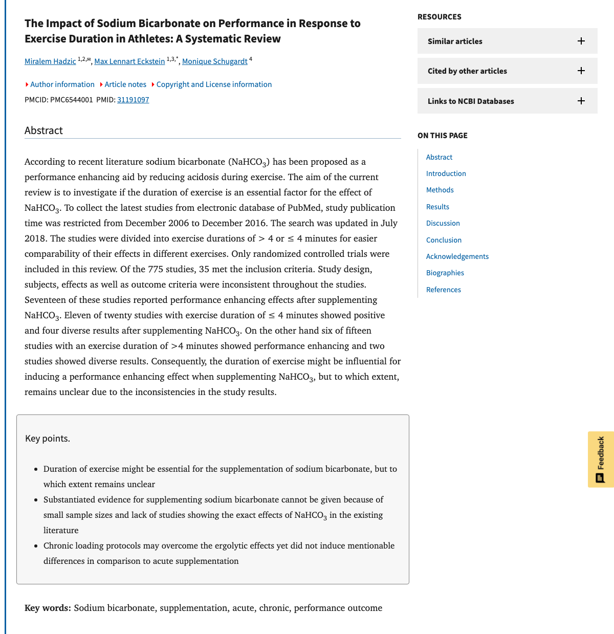Title and abstract of The Impact of Sodium Bicarbonate on Performance in Response to Exercise Duration in Athletes: A Systematic Review.