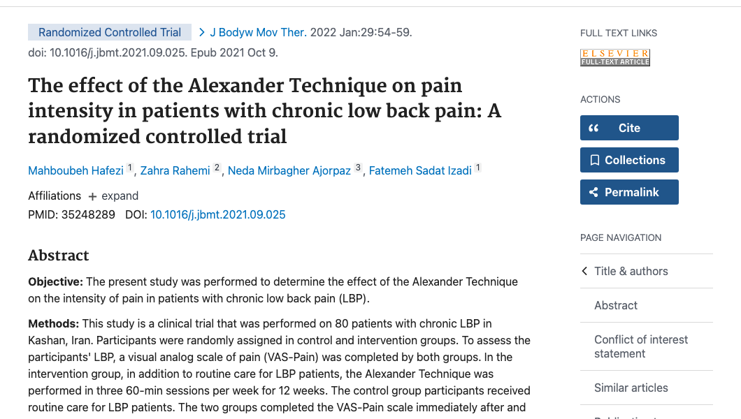 Title and abstract of The effect of the Alexander Technique on pain intensity in patients with chronic low back pain: A randomized controlled trial.