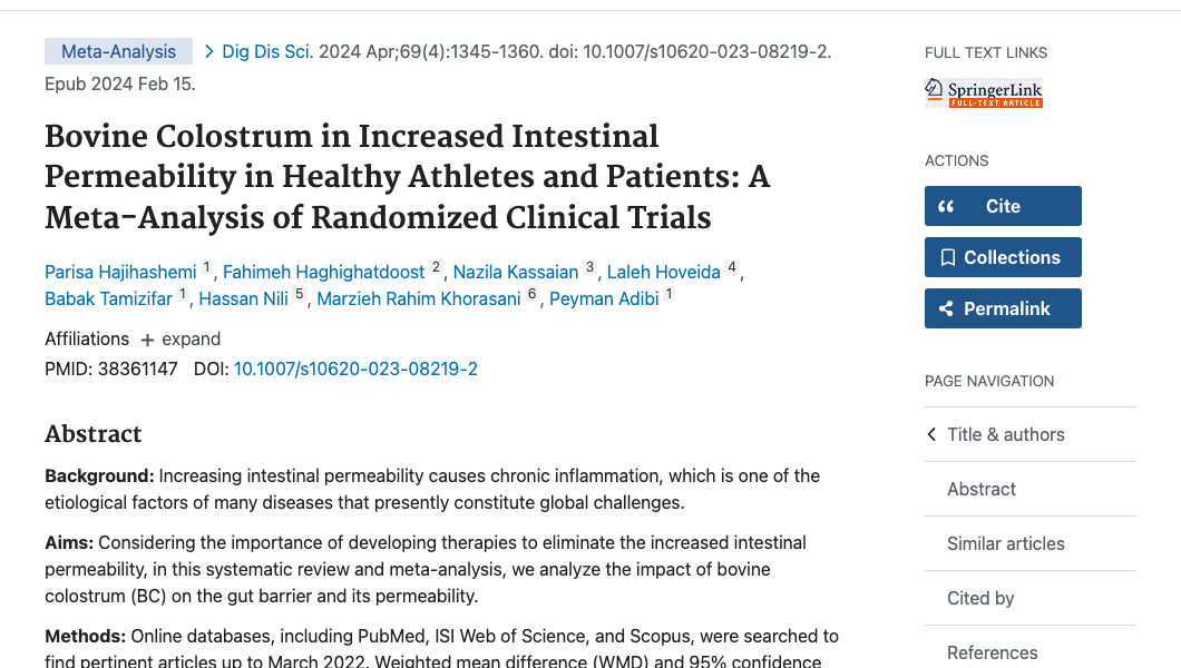 Title and abstract of Bovine Colostrum in Increased Intestinal Permeability in Healthy Athletes and Patients: A Meta-Analysis of Randomized Clinical Trials.
