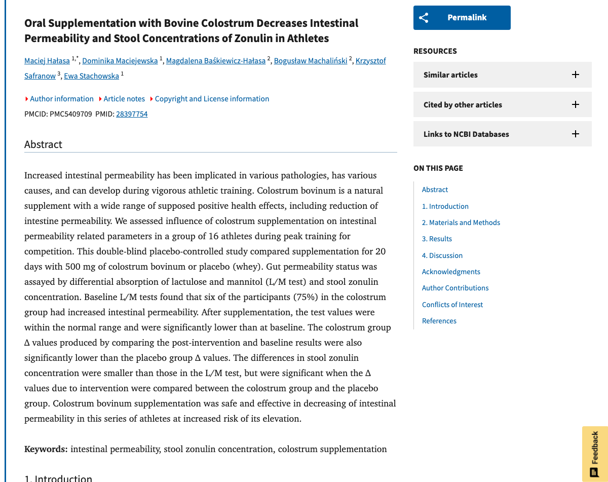 Title and abstract of Oral supplementation with bovine colostrum decreases intestinal permeability and stool concentrations of zonulin in athletes