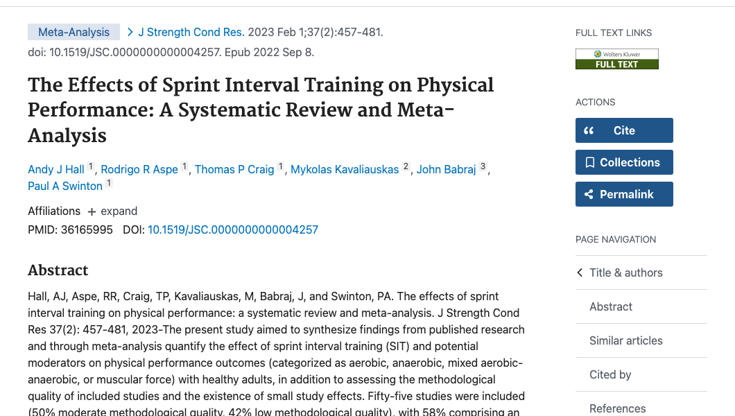 Title and abstract of The Effects of Sprint Interval Training on Physical Performance: A Systematic Review and Meta-Analysis.