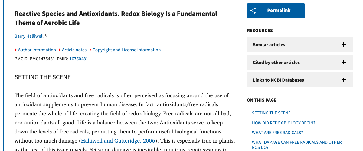 Title and abstract of Reactive Species and Antioxidants: Redox Biology Is a Fundamental Theme of Aerobic Life