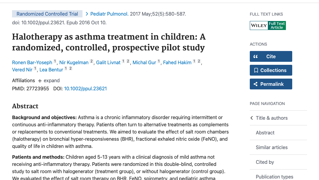 Title and abstract of Halotherapy as asthma treatment in children: A randomized, controlled, prospective pilot study