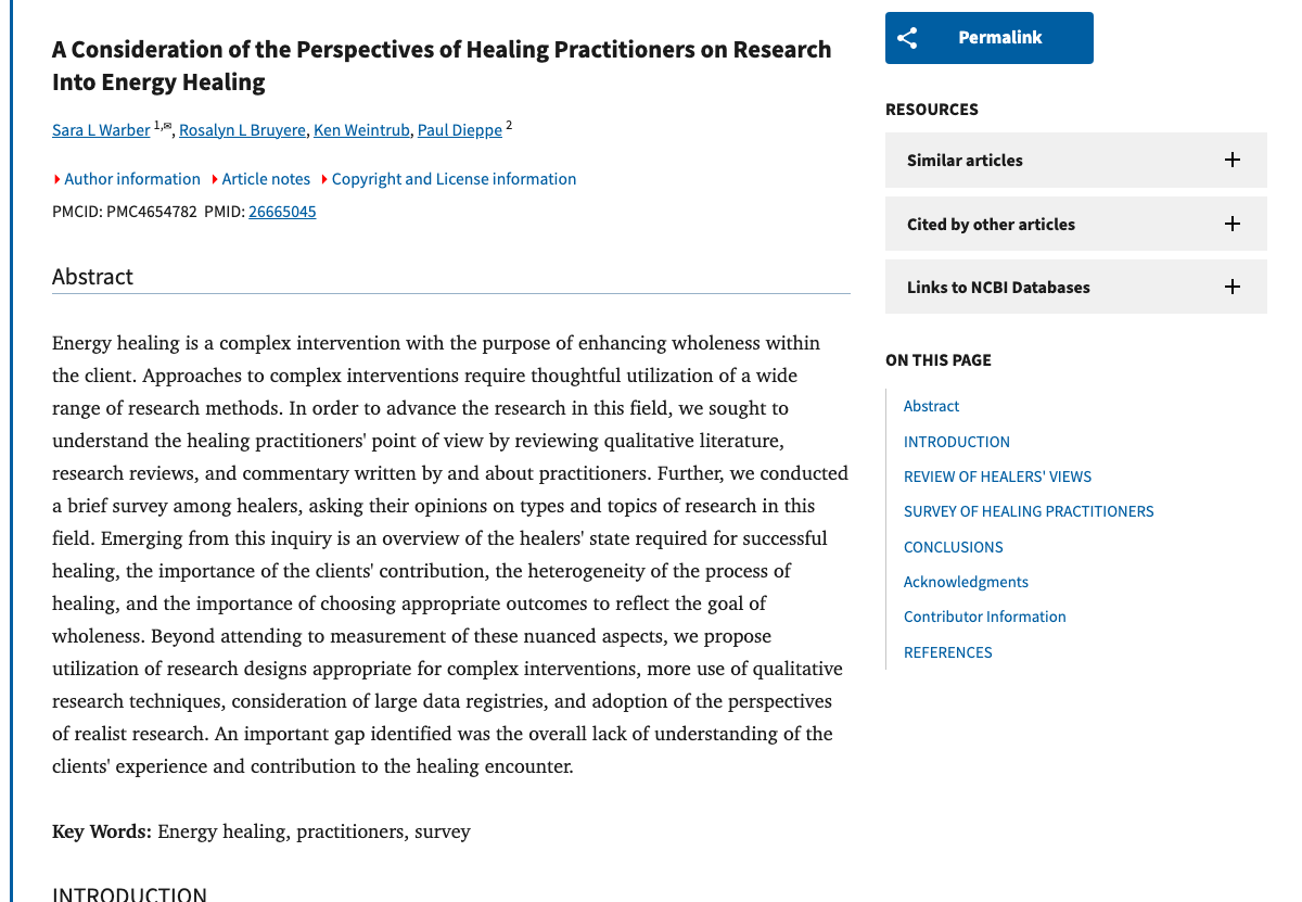 Title and abstract of Biofield Science and Healing: An Emerging Frontier in Medicine