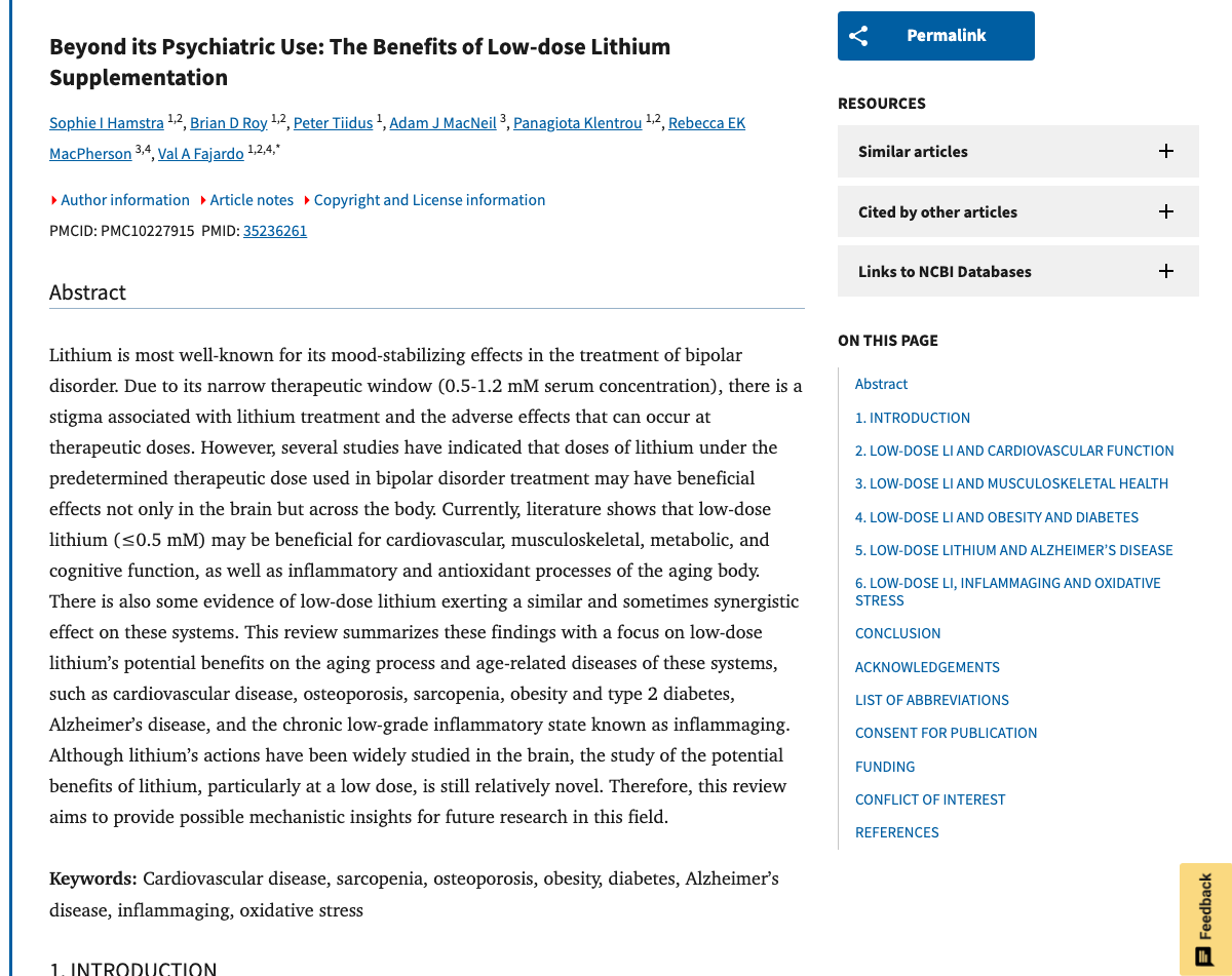 Title and abstract of Beyond its Psychiatric Use: The Benefits of Low-dose Lithium Supplementation.
