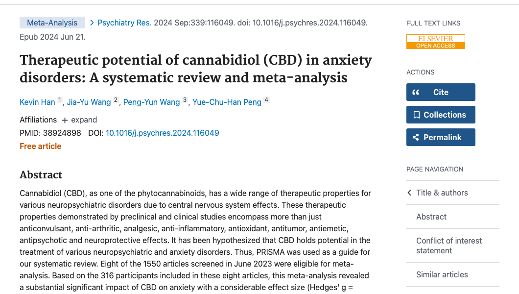 Title and abstract of Therapeutic potential of cannabidiol (CBD) in anxiety disorders: A systematic review and meta-analysis.