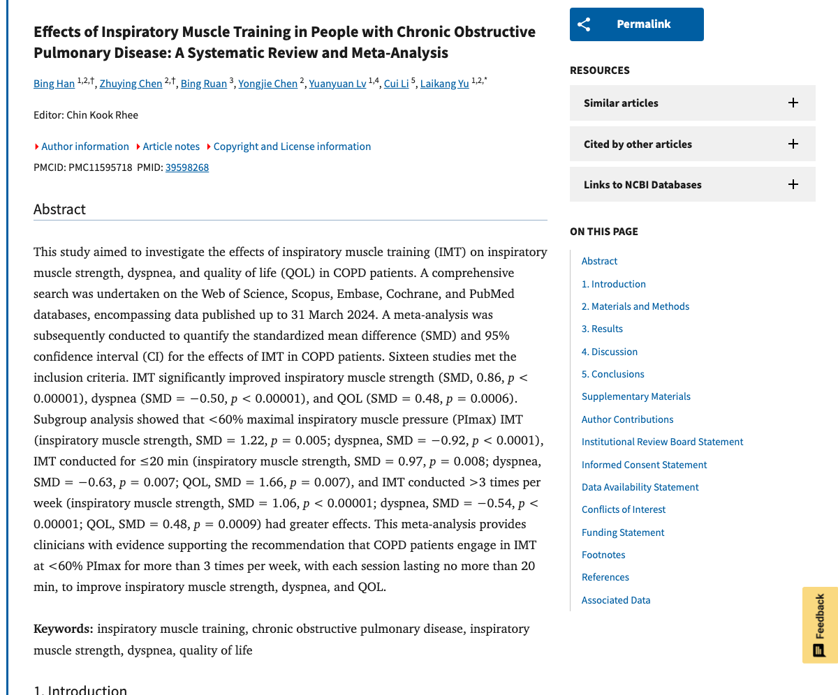 Title and abstract of Effects of Inspiratory Muscle Training in People with Chronic Obstructive Pulmonary Disease: A Systematic Review and Meta-Analysis.