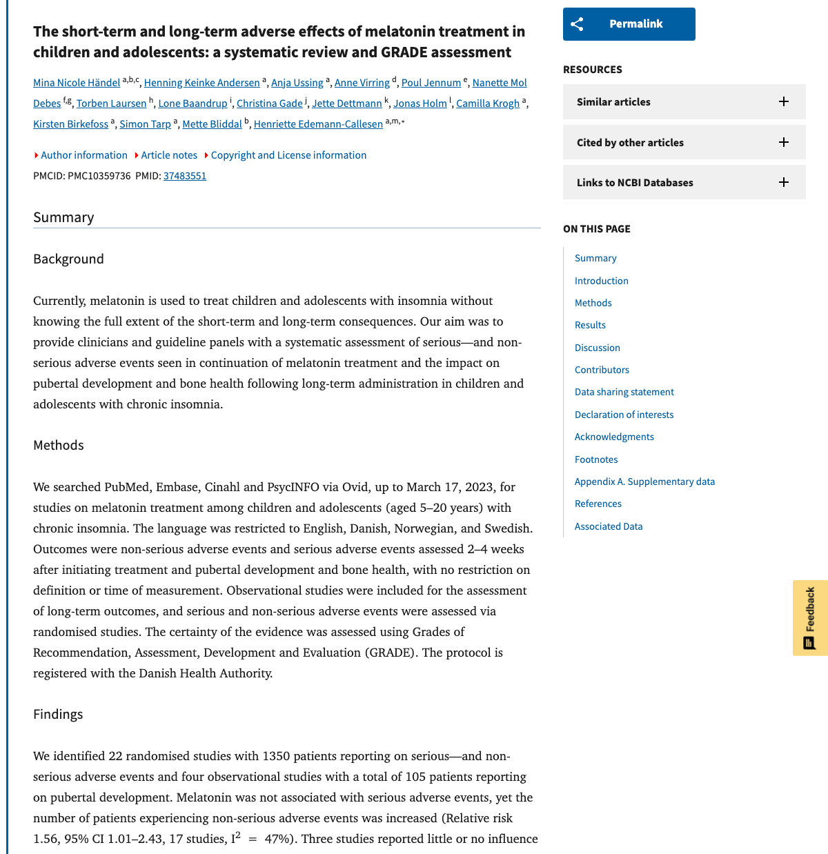 Title and abstract of The short-term and long-term adverse effects of melatonin treatment in children and adolescents: a systematic review and GRADE assessment.