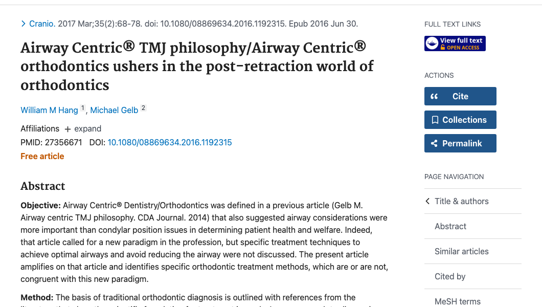 Title and abstract of Airway Centric® TMJ philosophy/Airway Centric® orthodontics ushers in the post-retraction world of orthodontics.