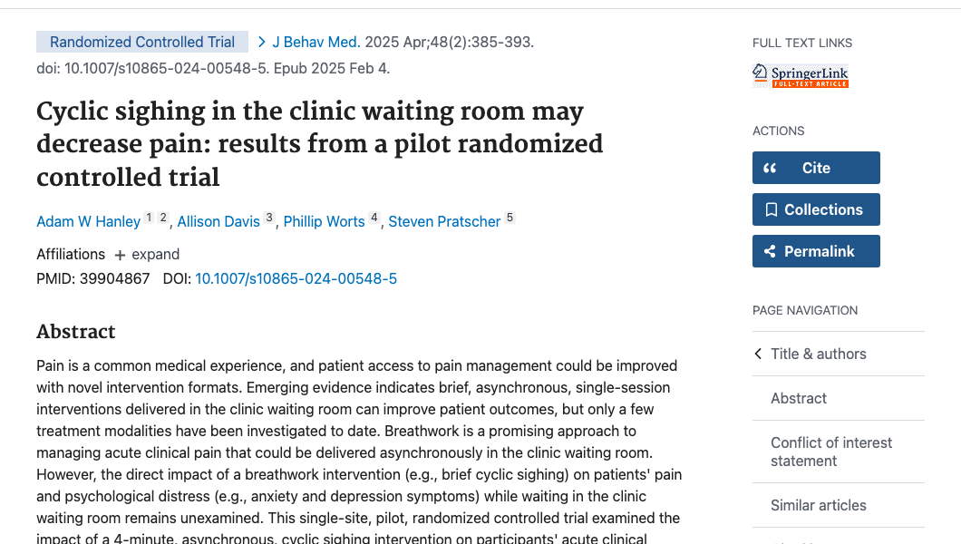 Title and abstract of Cyclic sighing in the clinic waiting room may decrease pain: results from a pilot randomized controlled trial.