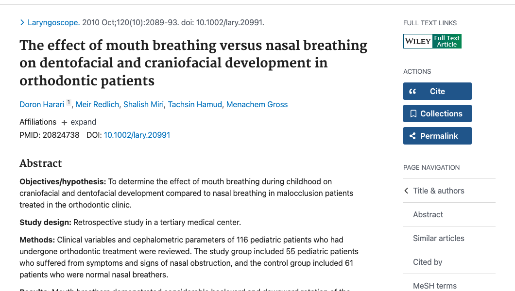 Title and abstract of The effect of mouth breathing versus nasal breathing on dentofacial and craniofacial development in orthodontic patients.