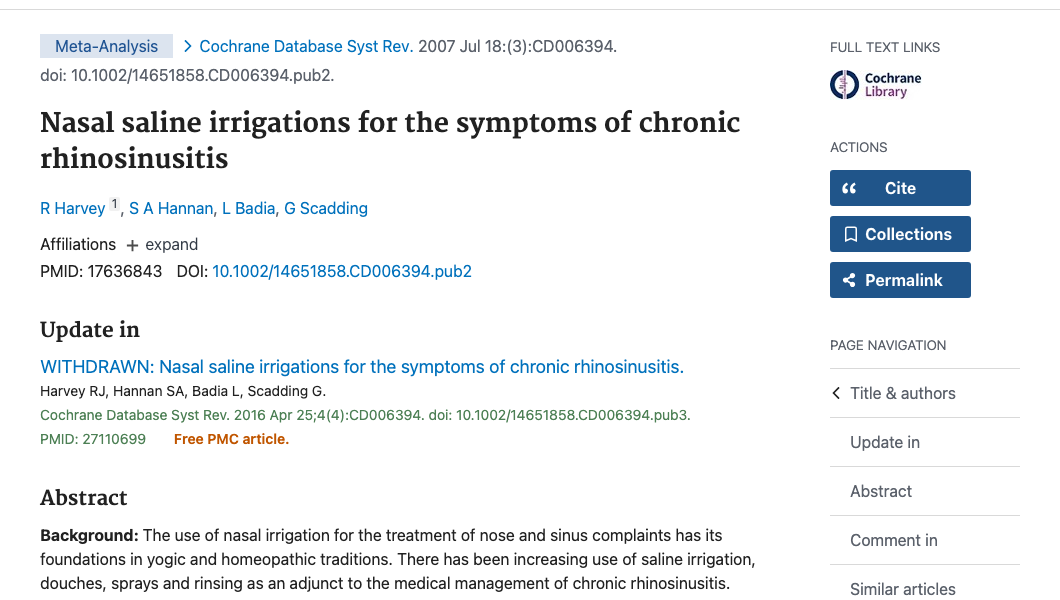 Title and abstract of Nasal saline irrigations for the symptoms of chronic rhinosinusitis