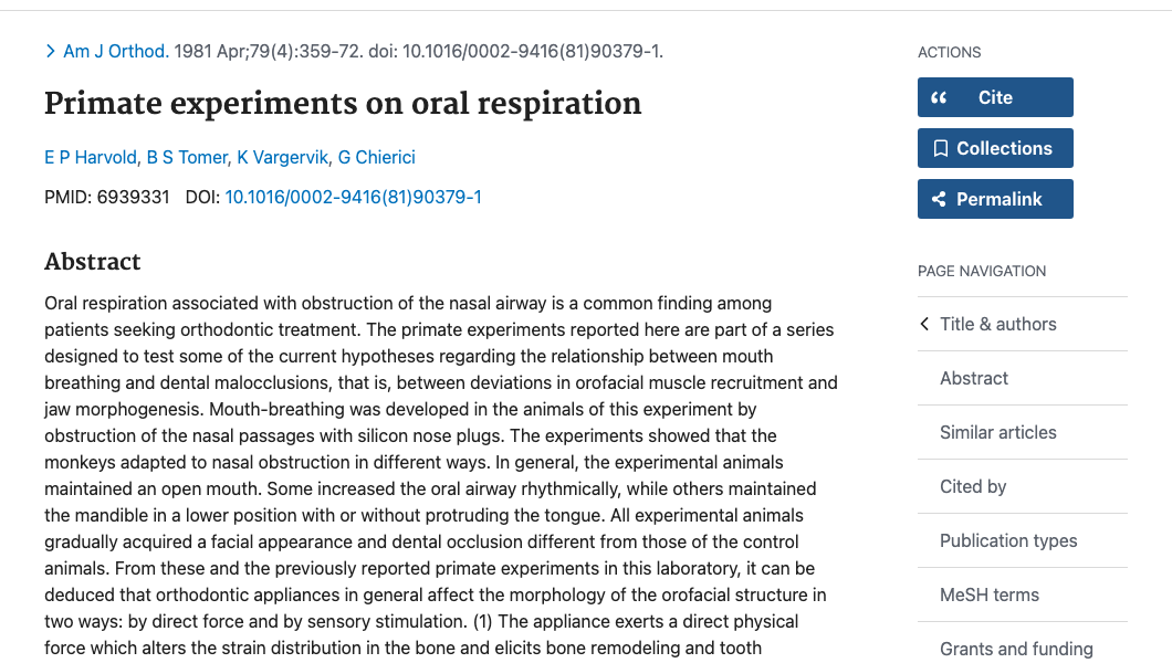 Title and abstract of Primate experiments on oral respiration