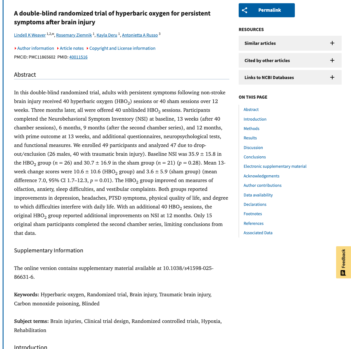 Title and abstract of A double-blind randomized trial of hyperbaric oxygen for persistent symptoms after brain injury
