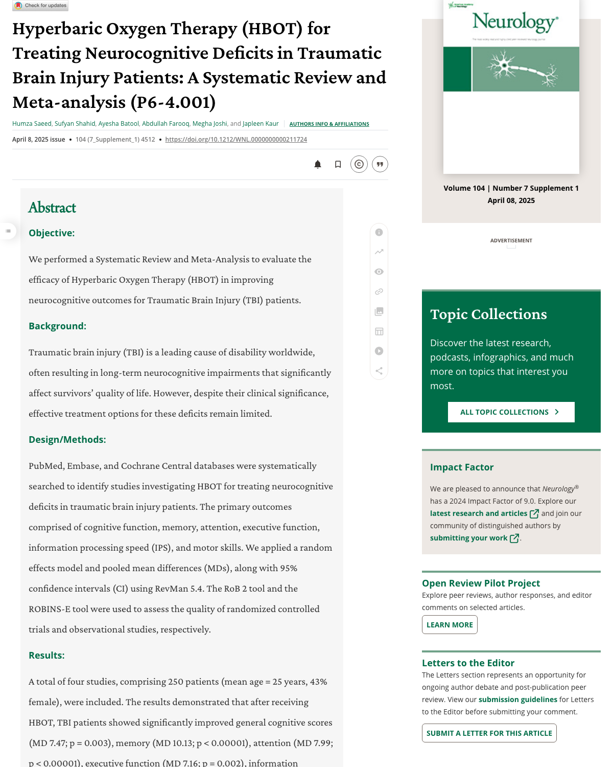 Title and abstract of Hyperbaric Oxygen Therapy for Treating Neurocognitive Deficits in Traumatic Brain Injury Patients - A Systematic Review and Meta-analysis