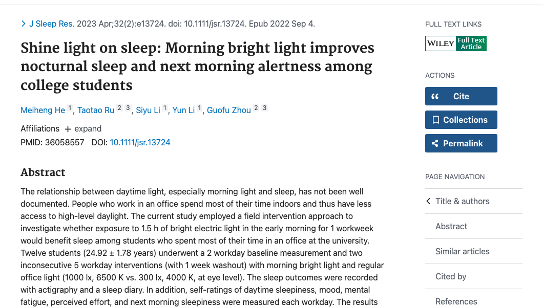 Title and abstract of Shine light on sleep: Morning bright light improves nocturnal sleep and next morning alertness among college students.