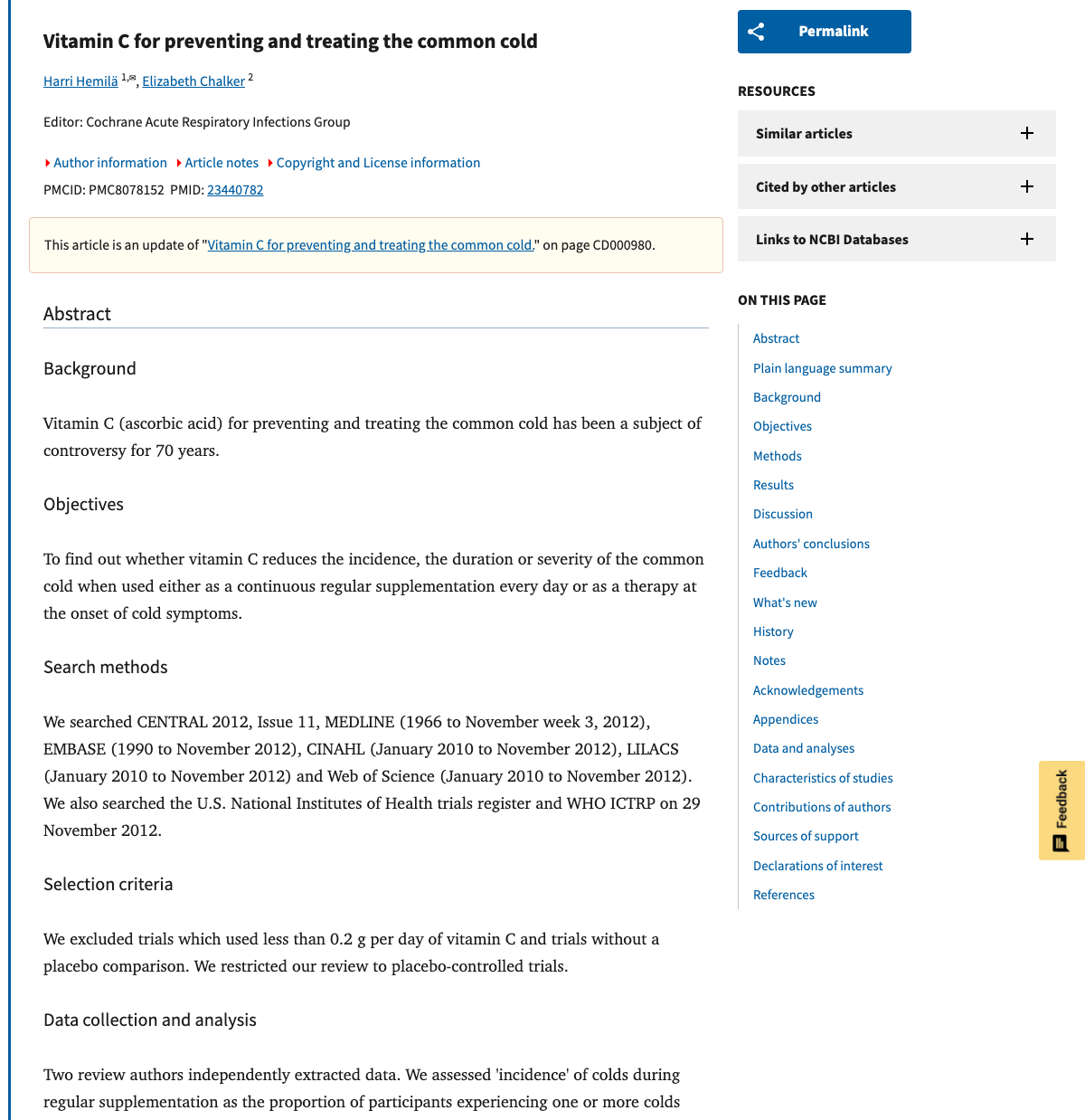 Title and abstract of Vitamin C for preventing and treating the common cold