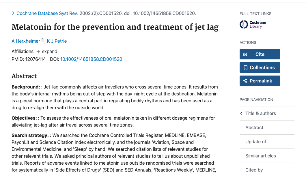 Title and abstract of Melatonin for the prevention and treatment of jet lag
