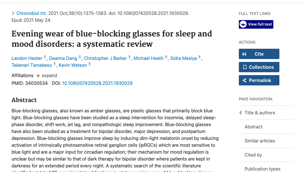 Title and abstract of Evening wear of blue-blocking glasses for sleep and mood disorders: a systematic review.