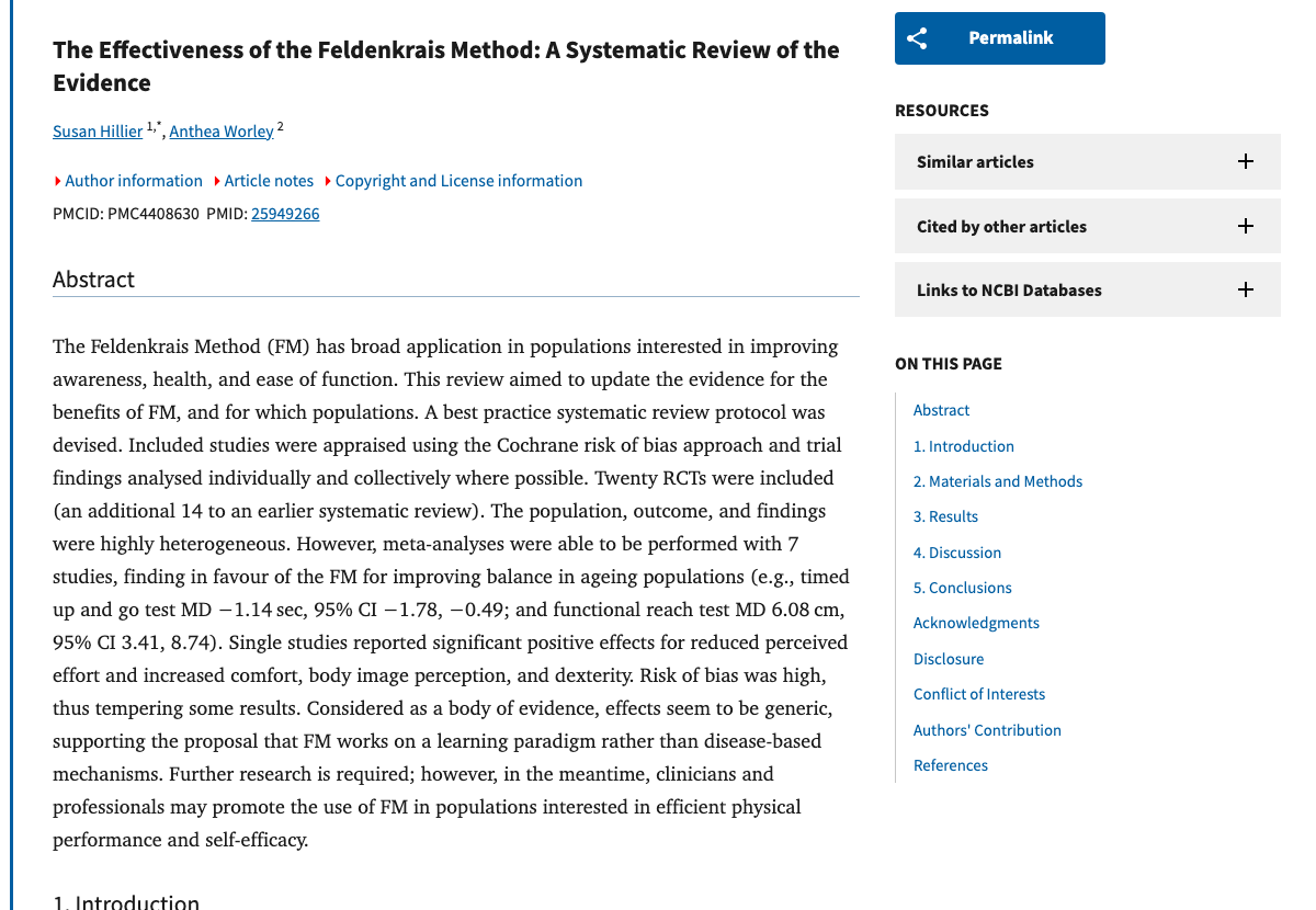 Title and abstract of The Effectiveness of Feldenkrais Method Practice: A Systematic Review