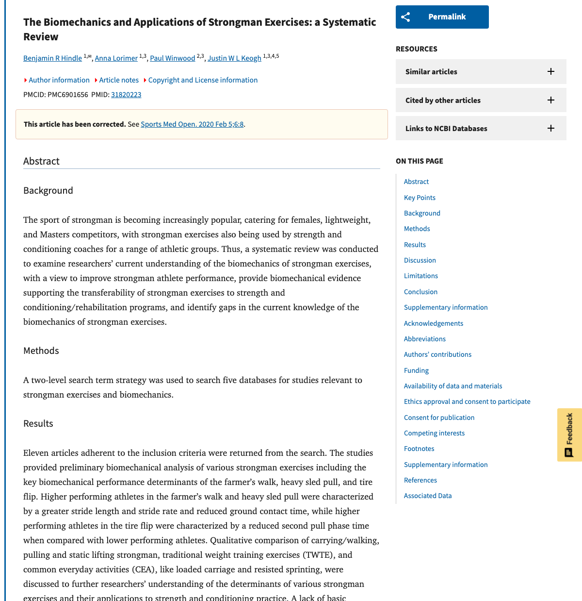 Title and abstract of The Biomechanics and Applications of Strongman Exercises: a Systematic Review.