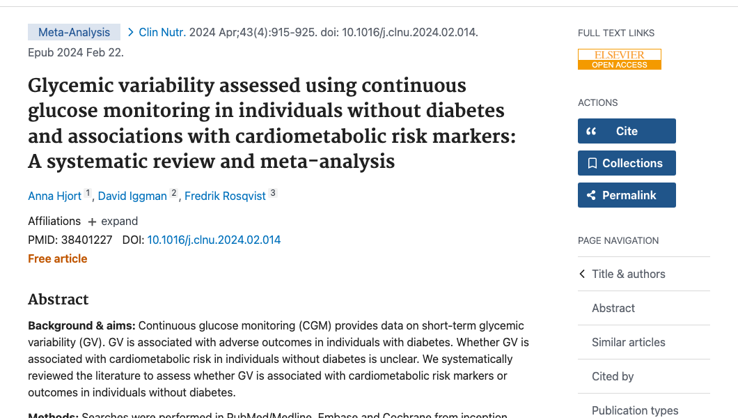 Title and abstract of Glycemic variability assessed using continuous glucose monitoring in individuals without diabetes and associations with cardiometabolic risk markers: A systematic review and meta-analysis.