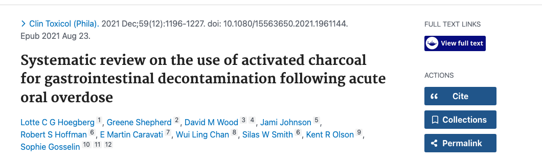 Title and abstract of Systematic review on the use of activated charcoal for gastrointestinal decontamination following acute oral overdose.