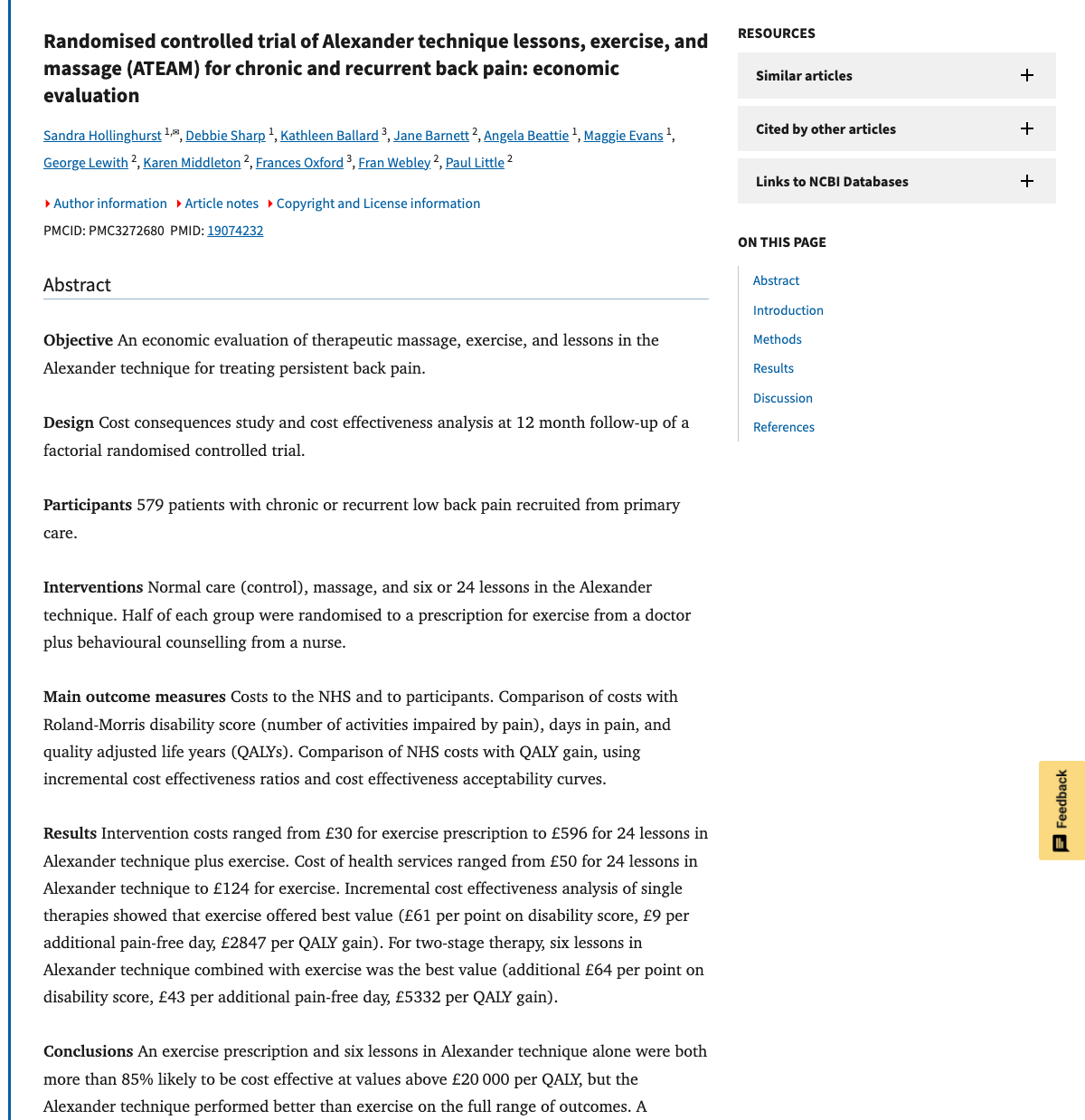 Title and abstract of Randomised controlled trial of Alexander technique lessons, exercise, and massage (ATEAM) for chronic and recurrent back pain: economic evaluation.