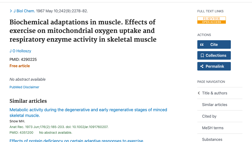 Title and abstract of Biochemical Adaptations in Muscle. Effects of Exercise on Mitochondrial Oxygen Uptake and Respiratory Enzyme Activity in Skeletal Muscle