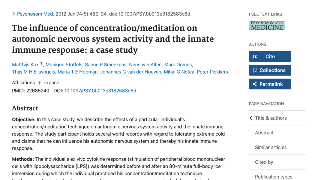 Title and abstract of The influence of concentration/meditation on autonomic nervous system activity and the innate immune response: a case study