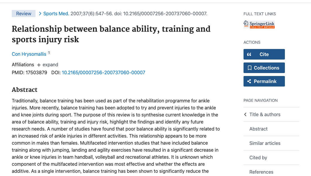 Title and abstract of Relationship Between Balance Ability, Training and Sports Injury Risk