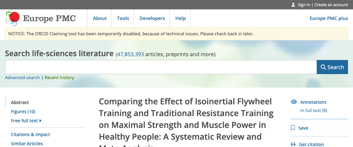Title and abstract of Comparing the Effect of Isoinertial Flywheel Training and Traditional Resistance Training on Maximal Strength and Muscle Power in Healthy People: A Systematic Review and Meta-Analysis.