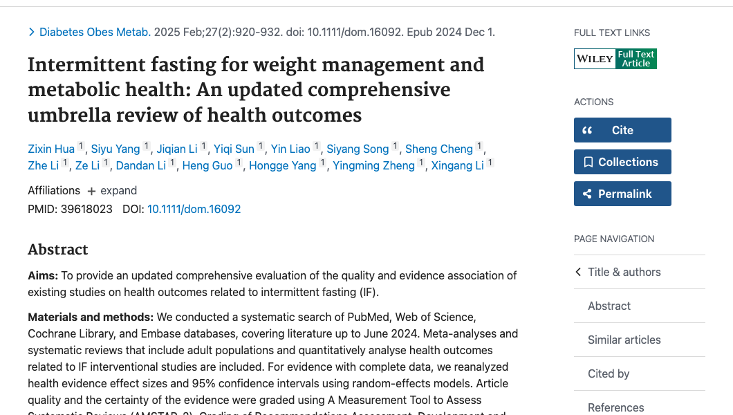 Title and abstract of Intermittent fasting for weight management and metabolic health: An updated comprehensive umbrella review of health outcomes.