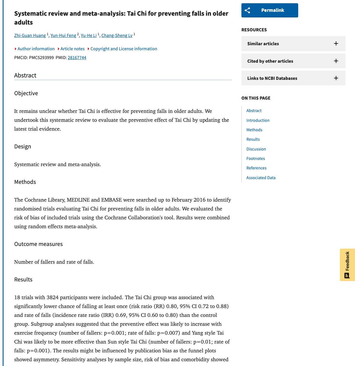 Title and abstract of Systematic review and meta-analysis: Tai Chi for preventing falls in older adults.