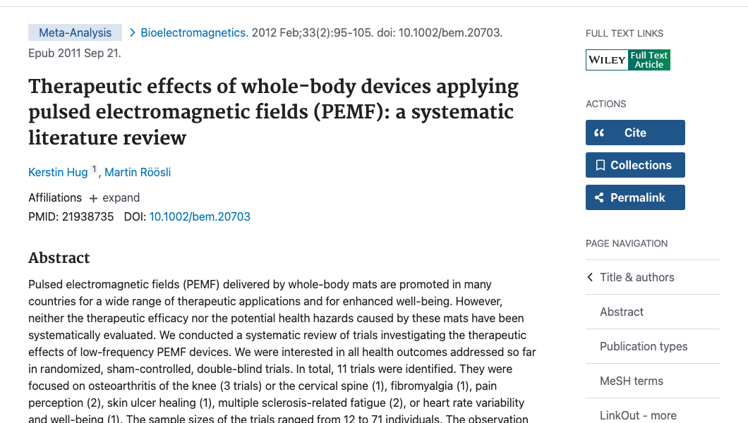 Title and abstract of Therapeutic effects of whole-body devices applying pulsed electromagnetic fields (PEMF): a systematic literature review