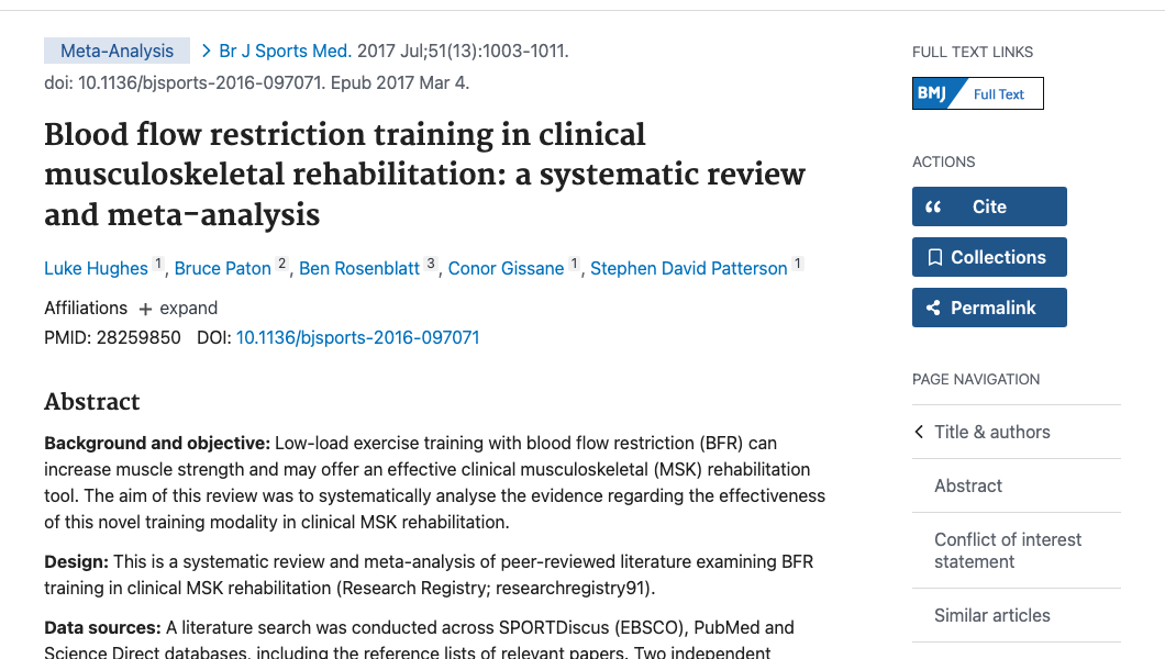 Title and abstract of Blood flow restriction training in clinical musculoskeletal rehabilitation: a systematic review and meta-analysis