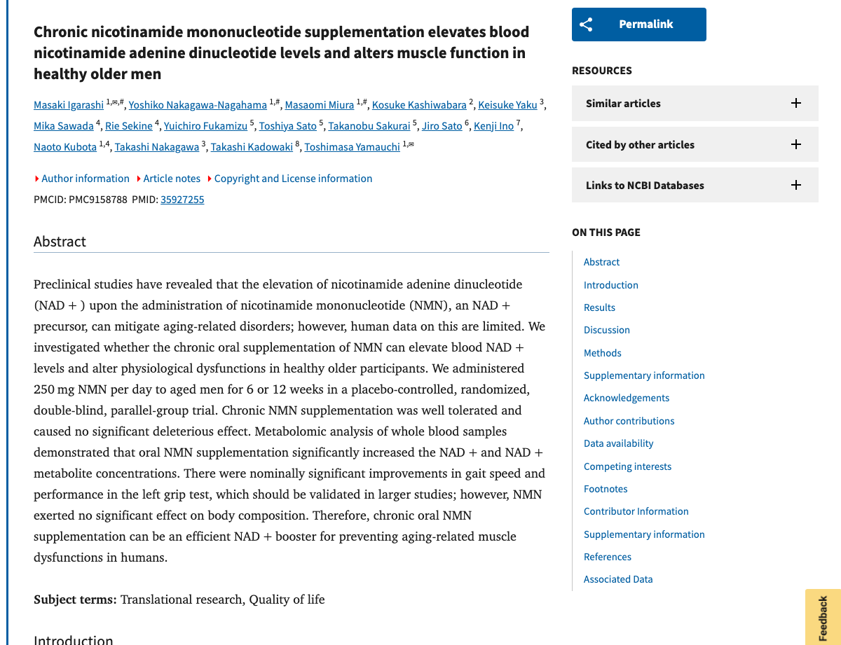 Title and abstract of Chronic nicotinamide mononucleotide supplementation elevates blood nicotinamide adenine dinucleotide levels and alters muscle function in healthy older men
