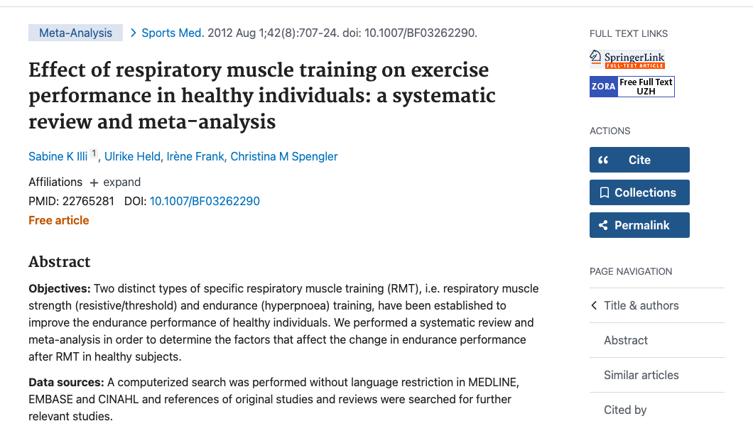 Title and abstract of Effect of respiratory muscle training on exercise performance in healthy individuals: a systematic review and meta-analysis.
