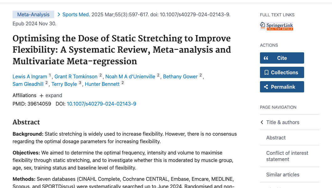 Title and abstract of Optimising the Dose of Static Stretching to Improve Flexibility - A Systematic Review, Meta-analysis and Multivariate Meta-regression