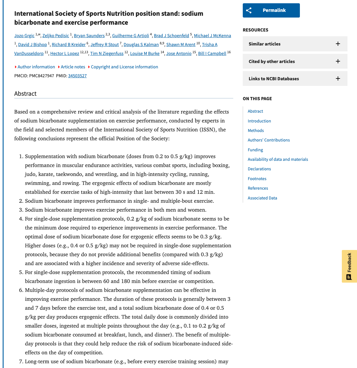 Title and abstract of International Society of Sports Nutrition position stand: sodium bicarbonate and exercise performance