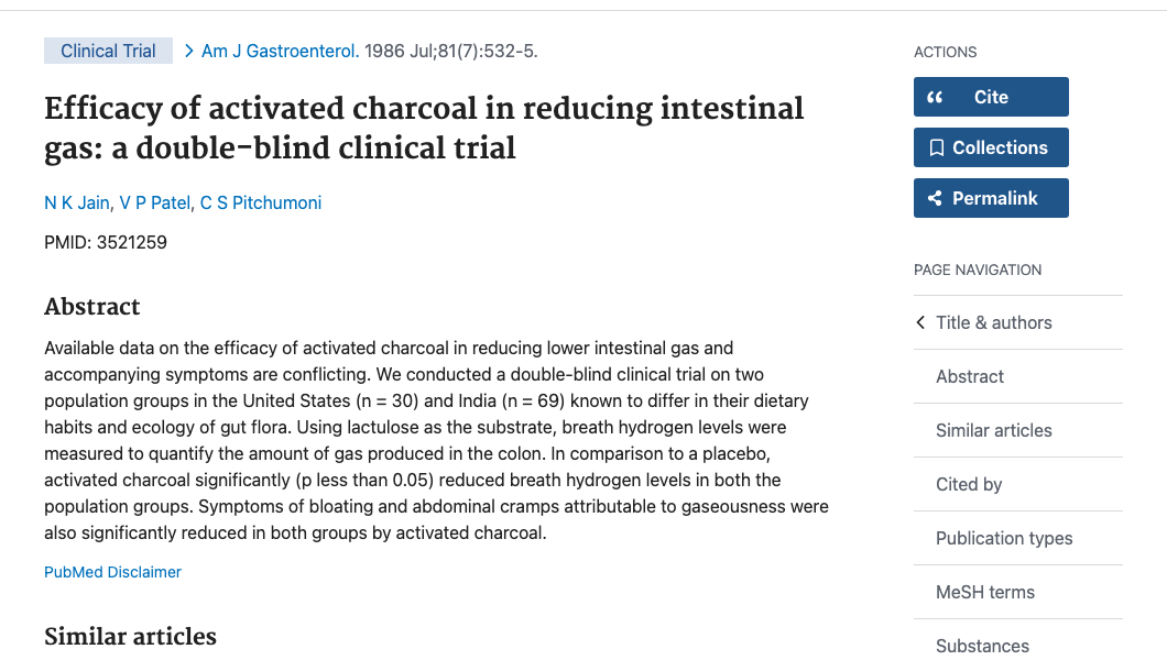 Title and abstract of Efficacy of activated charcoal in reducing intestinal gas: a double-blind clinical trial.