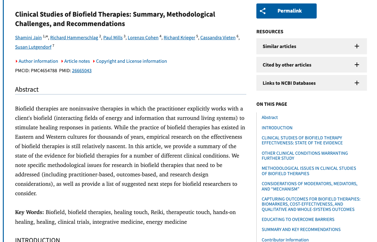 Title and abstract of Clinical Studies of Biofield Therapies: Summary, Methodological Challenges, and Recommendations