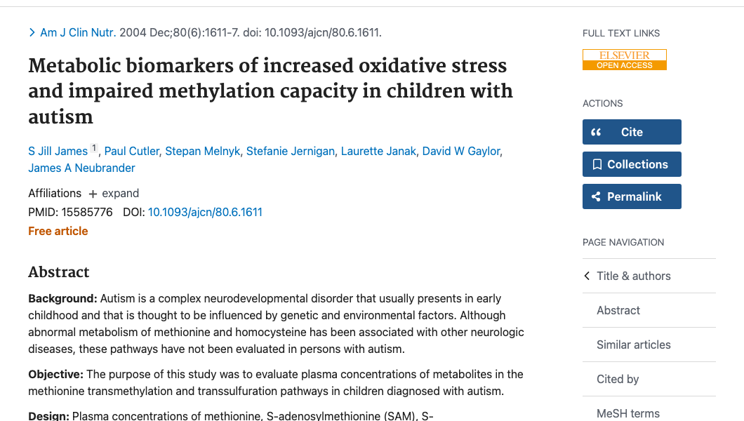 Title and abstract of Metabolic biomarkers of increased oxidative stress and impaired methylation capacity in children with autism