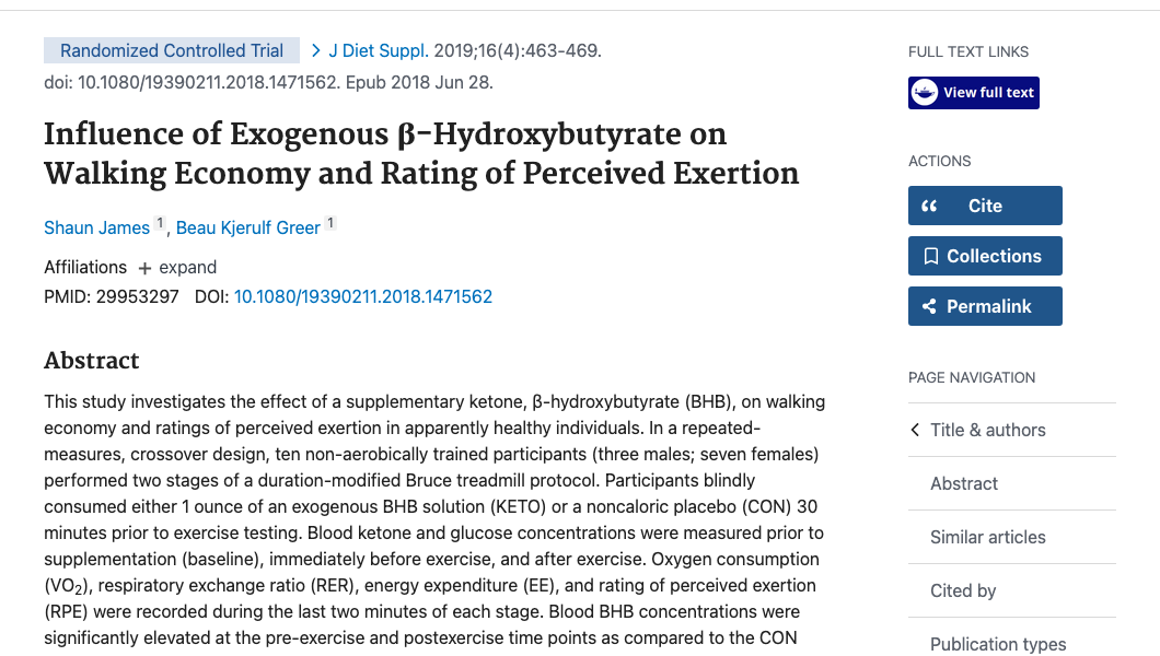 Title and abstract of Influence of Exogenous β-Hydroxybutyrate on Walking Economy and Rating of Perceived Exertion
