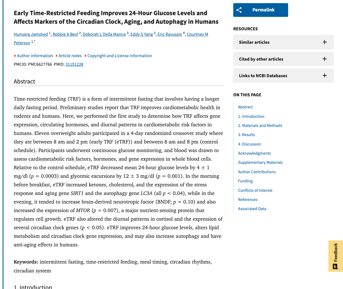 Title and abstract of Early Time-Restricted Feeding Improves 24-Hour Glucose Levels and Affects Markers of the Circadian Clock, Aging, and Autophagy in Humans