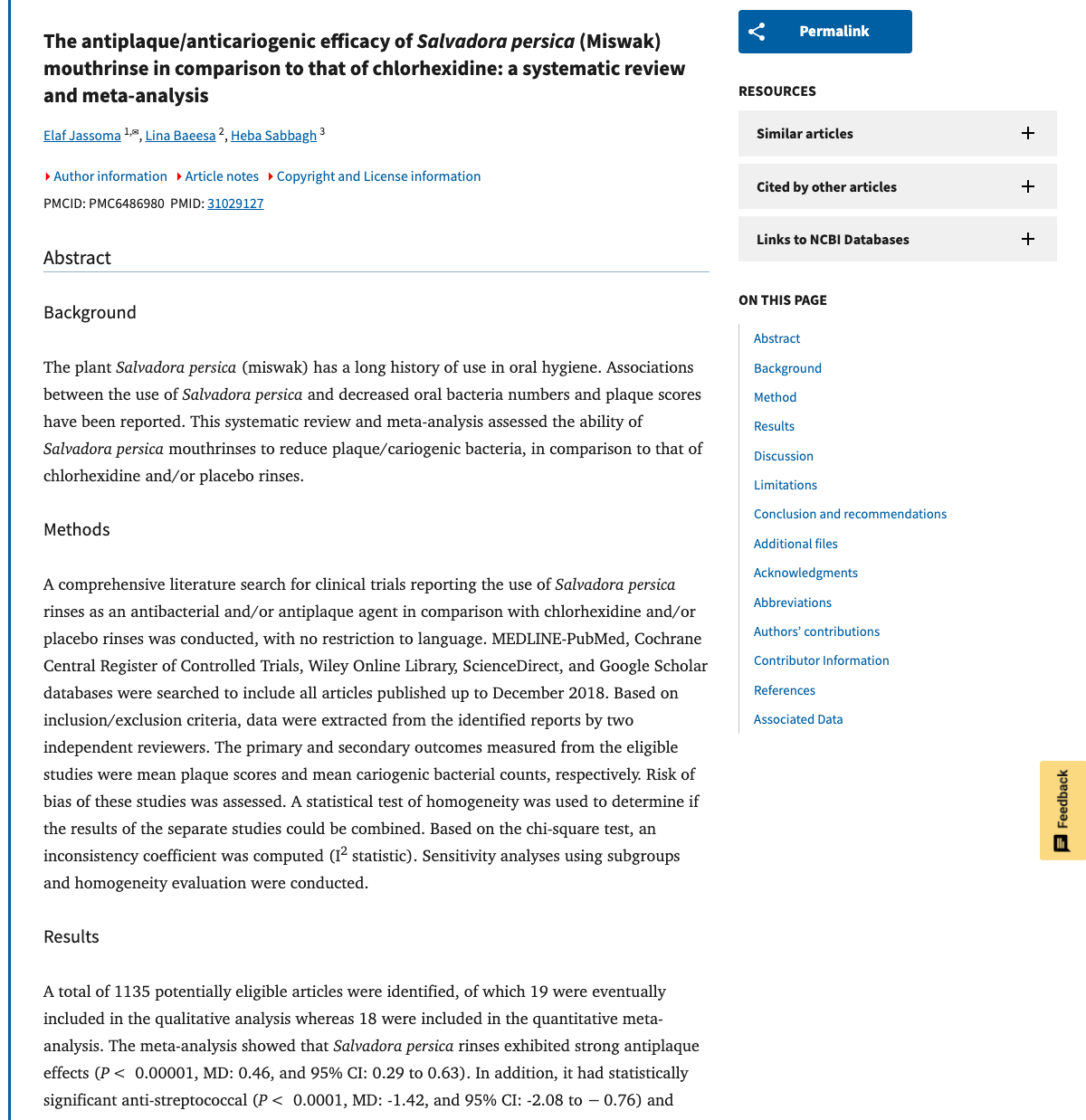 Title and abstract of The antiplaque/anticariogenic efficacy of Salvadora persica (Miswak) mouthrinse in comparison to that of chlorhexidine: a systematic review and meta-analysis.