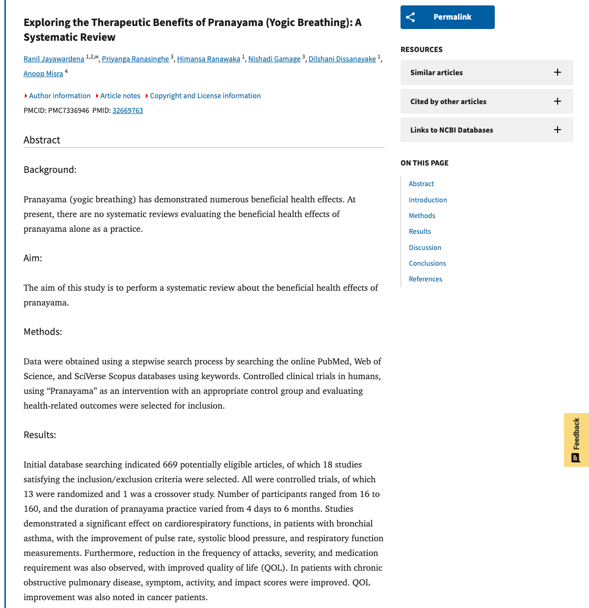Title and abstract of Exploring the Therapeutic Benefits of Pranayama (Yogic Breathing): A Systematic Review.
