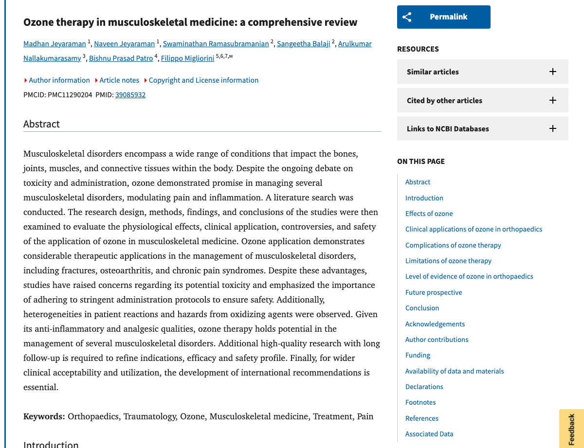 Title and abstract of Ozone therapy in musculoskeletal medicine: a comprehensive review.
